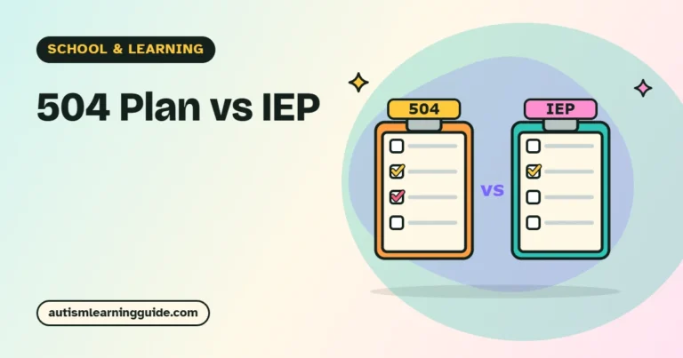 504 plan vs IEP: two checklists side by side for an autistic child at school
