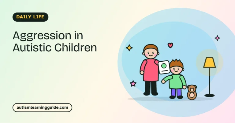 Aggression in autistic children: a calm parent and child in a quiet corner with a lamp and teddy bear