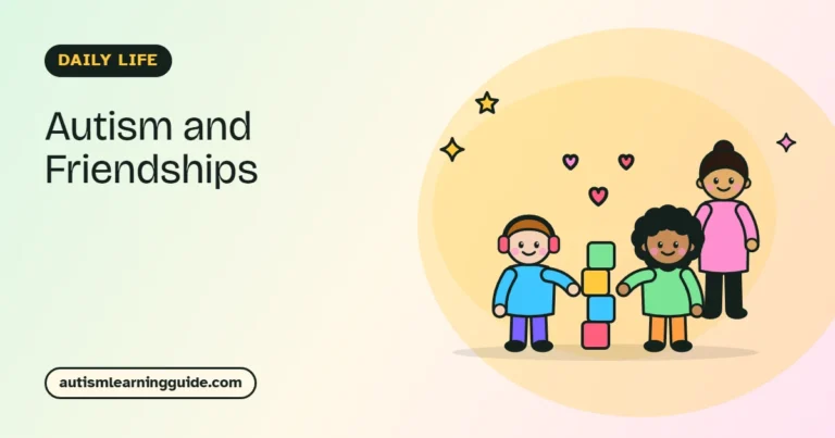 Autism and friendships: two smiling children building a block tower while a parent watches