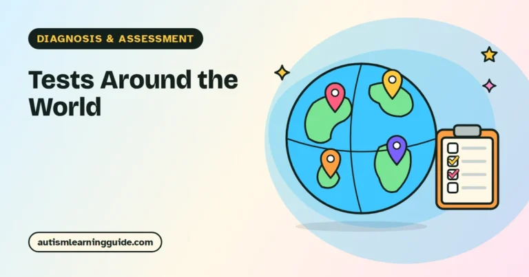 Parent and clinician reviewing autism diagnosis tests and a world map