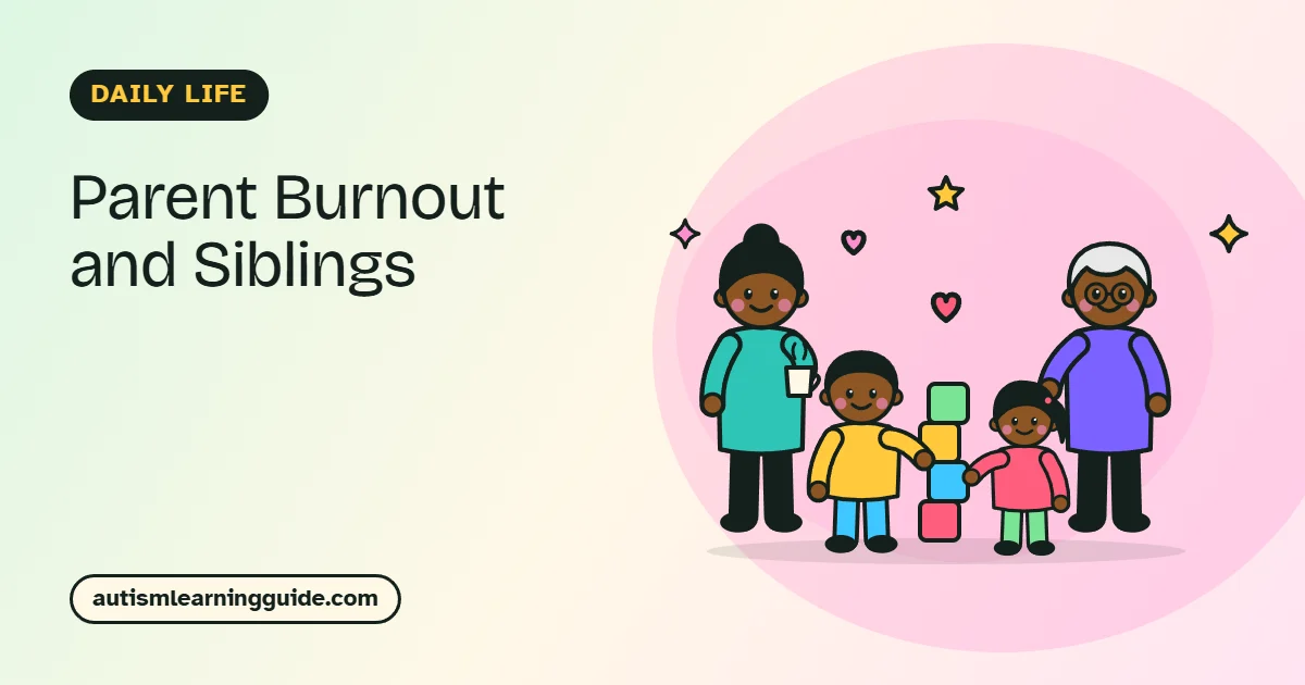 Autism parent burnout: smiling parent with a cup of tea, a grandparent and two children with blocks
