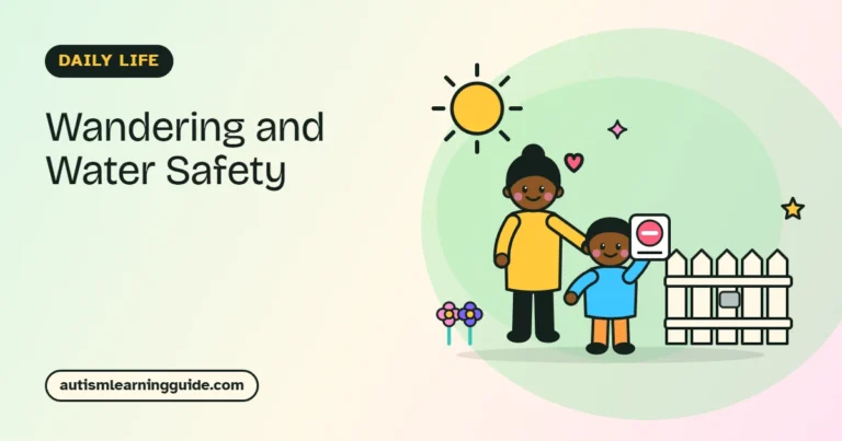 Autism wandering safety: parent and child by a closed garden gate with a stop picture card