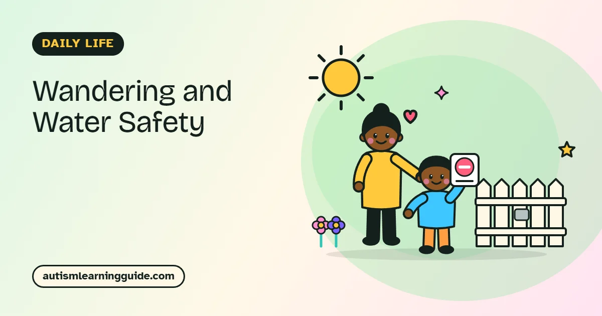 Autism wandering safety: parent and child by a closed garden gate with a stop picture card