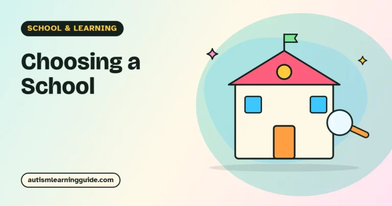Choosing a school for an autistic child: a friendly school building and a magnifying glass