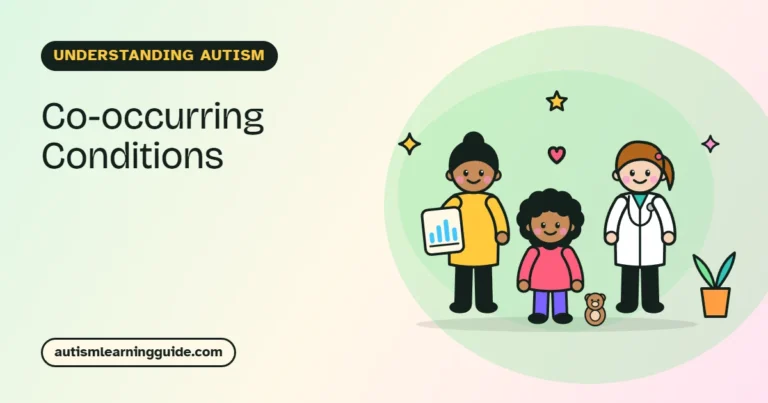 Co-occurring conditions in autism: parent with a health notebook, child and friendly doctor