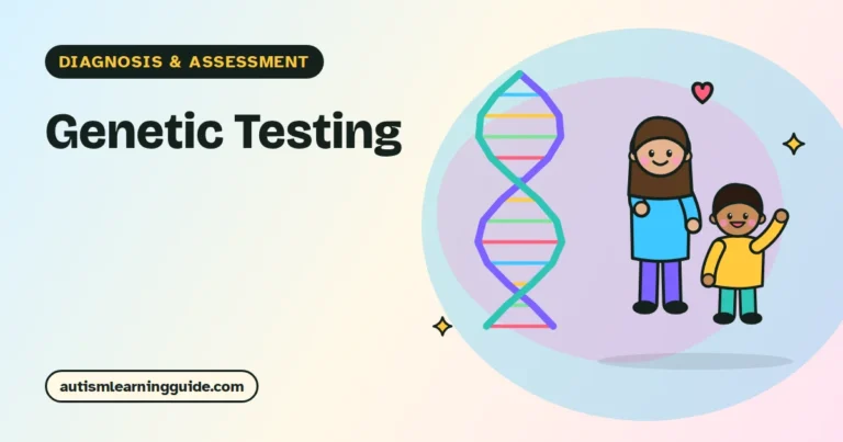 Illustration of DNA and a family explaining genetic testing for autism