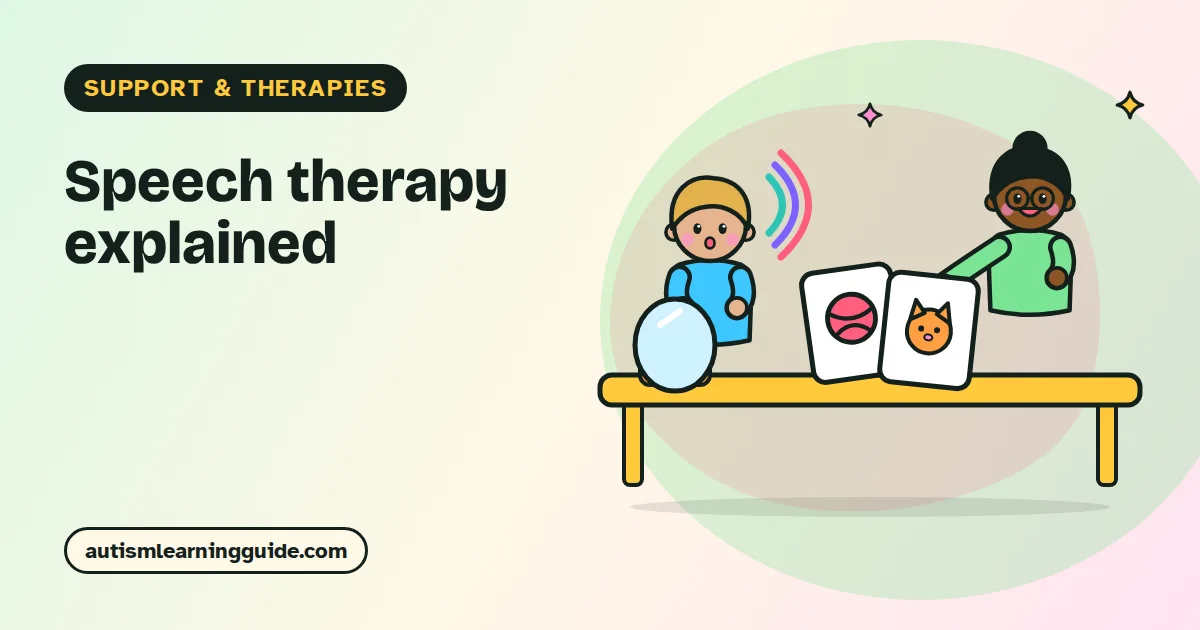 Speech-language pathologist using picture cards during speech therapy for autism with a young child