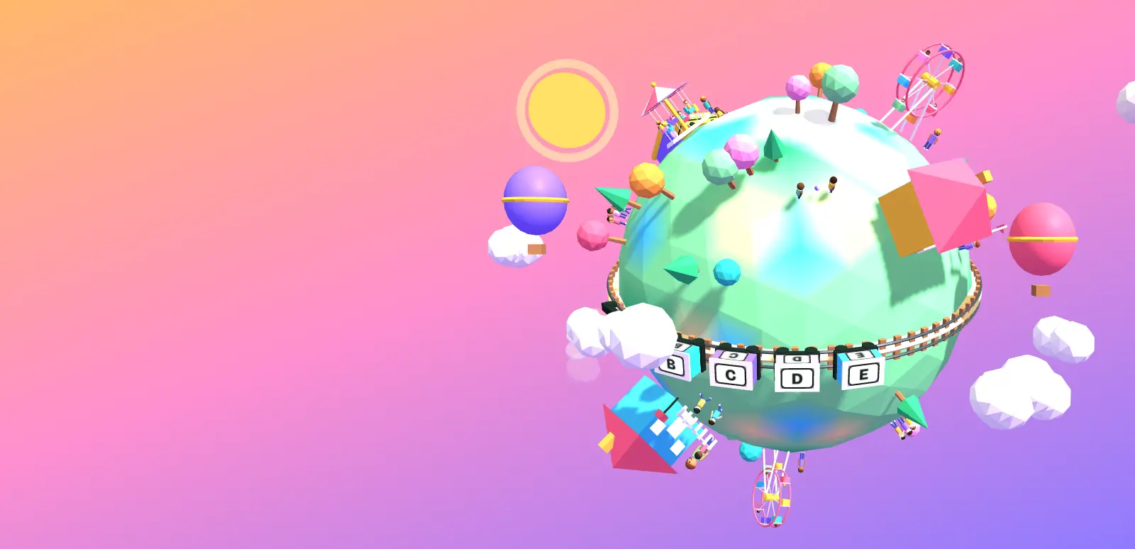 A colourful toy planet with trees, a train track, alphabet blocks, hot-air balloons and a Ferris wheel