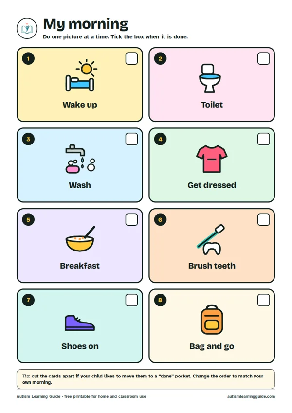Free autism printables: morning routine picture schedule preview