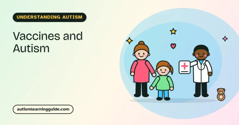 Vaccines and autism: parent and child with a friendly doctor showing a picture card