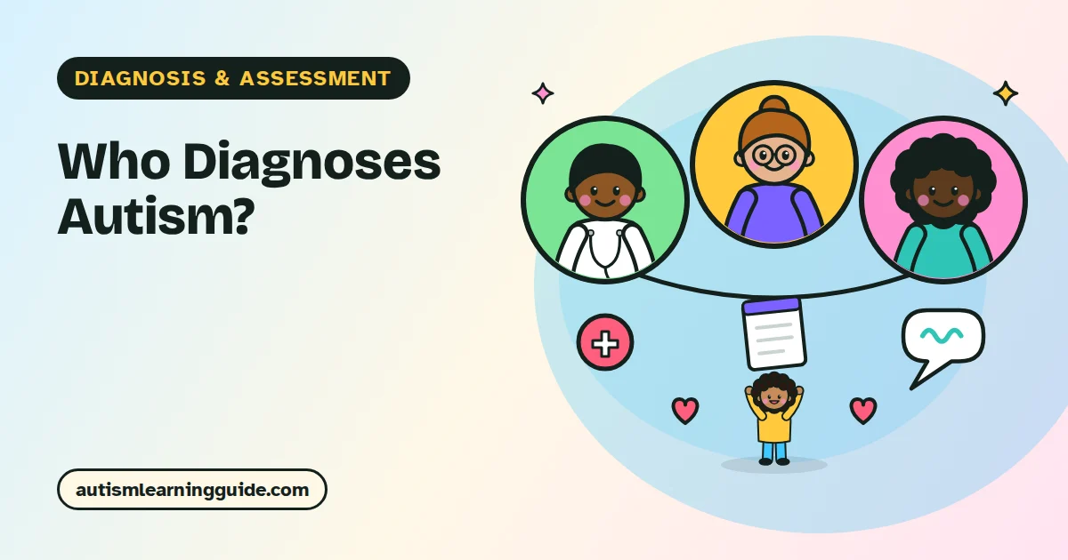 Map-style illustration of who can diagnose autism in the US and UK